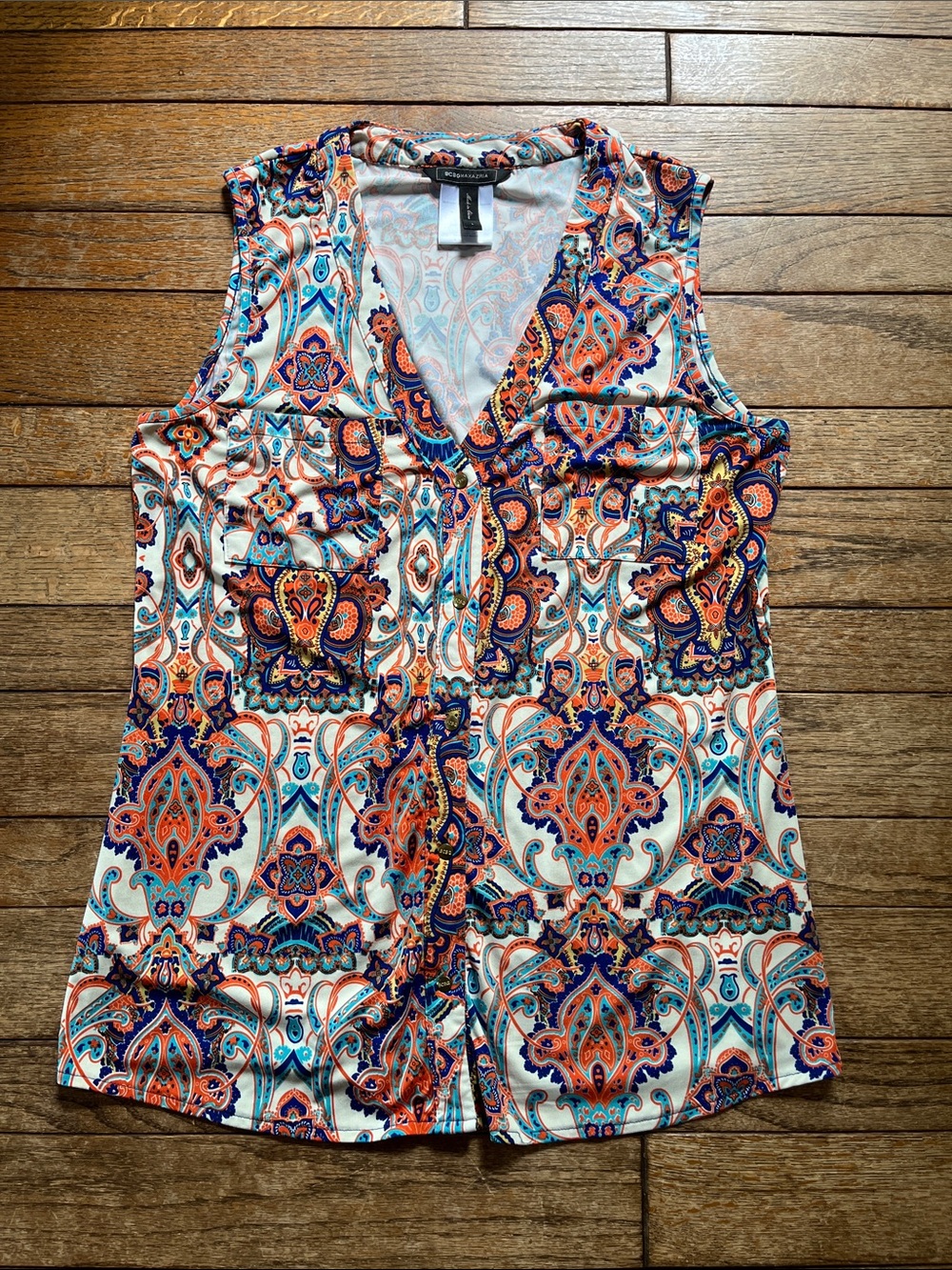 BCBGMaxAzria Orange, Teal and Navy Paisley Sleeveless V-Neck Top